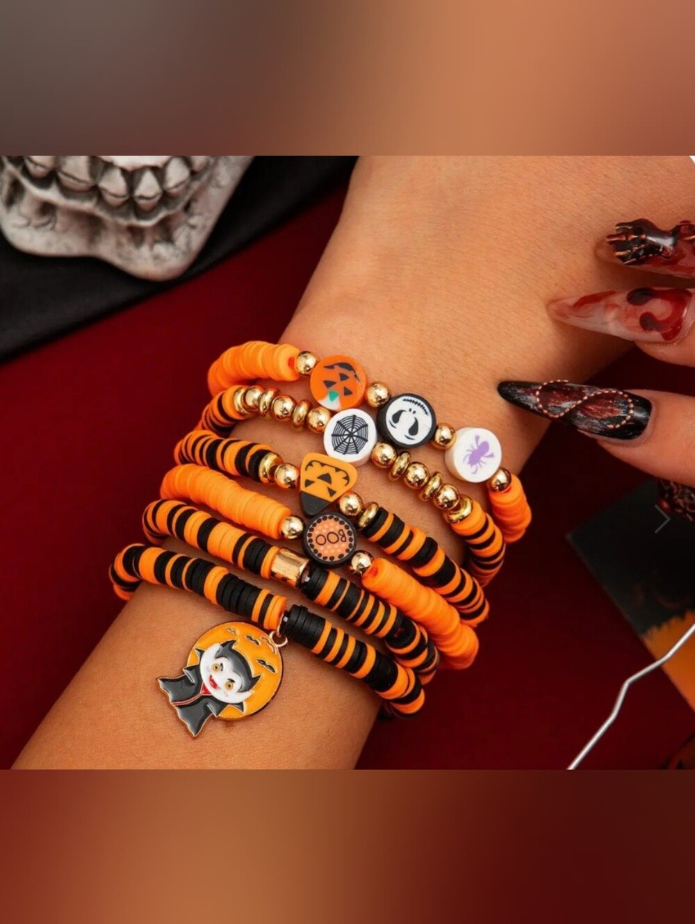 Halloween Charm Stackable Bracelet Set — Orange & Black Vampire Dracula